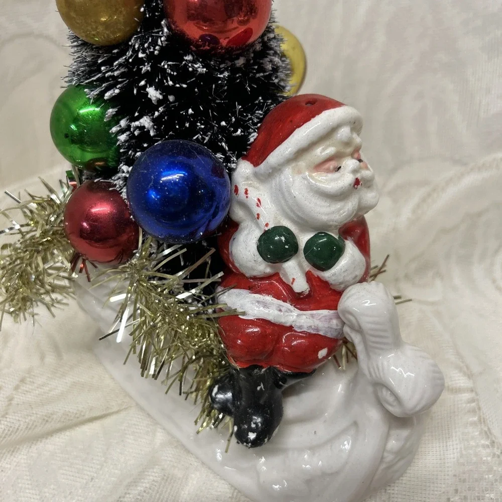 Vintage Porcelain Sleigh With Santa Claus, Mouse , Tree Assemblage‎ Display Gift